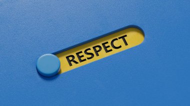 Kaydırma düğmesindeki saygı konsepti. Kaydırma düğmesine yakın çekim, mavi arkaplanda 3D İş Konsepti.