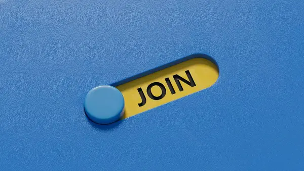 JOIN iş sözcüğüyle kaydırma düğmesi. Kaydırma düğmesini kapat, mavi arka planda 3D İş Konsepti.