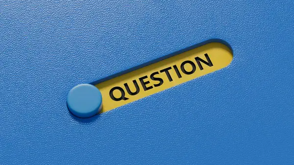 Soru - kelime konsepti. Minimalist Soyut Tasarım Slayt anahtarını kapatarak, mavi arkaplanda 3D görüntüleme.