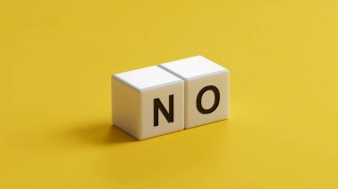 Metinli ahşap küplere hayır. Olumsuz cevap kavramı. Risk yok, şiddet yok, ayrımcılık yok. Sarı arka planda 3D tasviri yok..