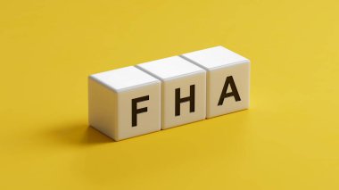 FHA kelimesi tahta küplere yazılır. FHA - Finans Konutları Derneği 'nin kısaltması. Ahşap küplere yakın çekim, sarı arka planda 3D İş Konsepti.