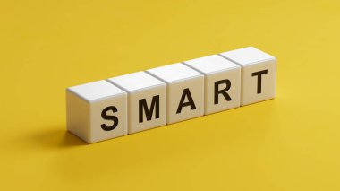 Akıllıca bir iş sözcüğüne sahip tahta küp bloğu. Ahşap elementlere yakın çekim, sarı arka planda 3D İş Konsepti.