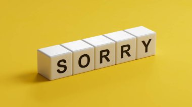 Kelime kavramı. Pişmanlık, Pişmanlık, Pişmanlık, Hata, Hata, Suçluluk ve Bağışlanma İsteme Mesajı. Kesik kağıtla yazılmış sözlerle kavram. Sarı arkaplanda 3B görüntüleme.