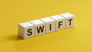 Hızlı iş dilinde ahşap küpler. Ahşap küplere yakın çekim, sarı arka planda 3D iş konsepti..