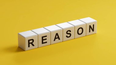 Mantık sembolü. Ahşap küp kavramını kavra. İş ve mantık kavramını. Boşluğu kopyala. Ahşap küpleri kapat, İş Konsepti 3D sarı arkaplanda canlandırma.