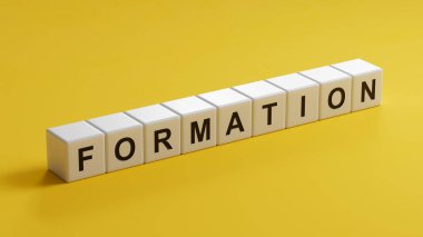 Metin Oluşturma için tahta küpleri kapat. Tahta küpleri kapat, sarı arkaplanda 3D İş Konsepti.