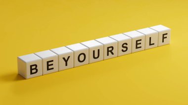 Ahşap küplere yazı yazın. Üst görünüm. Ahşap küpleri kapatın, İş Konsepti 3D sarı arka planda canlandırma.