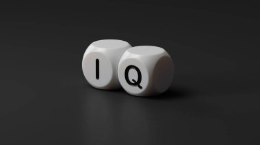 IQ konsepti. Soruların ve cevapların kısaltması ya da testçi ya da kalite mühendisi işi. Tahta zarları kapat, siyah arkaplanda 3D İş Konsepti.