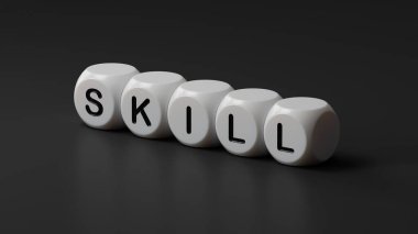 Kelime becerisi, içinde harf bulunan tahta zarlar. Tahta zarlara yakın, siyah arkaplanda 3D iş konsepti..