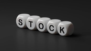 STOCK iş sözcüğüyle ahşap zar. Tahta zarlara yakın çekim. Siyah arka planda 3D İş Konsepti..