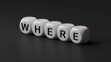 Nerede? Tahta zar kullanarak hecelenen kelime. Eğitim kavramı 3D siyah arkaplan üzerine yorumlama.