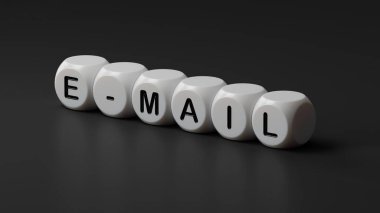 Tahta zarın e-posta 3D çizimi. Tahta zarları yakın plan, siyah arkaplanda 3D görüntüleme..