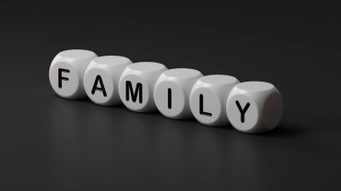 Aile. Ahşap zar heceleme. Yukardan bakıldığında tahta zar düğmeleri ile siyah zemin üzerinde düz bir görünüm var. Bilişim teknolojisi kavramı siyah arka planda 3D..