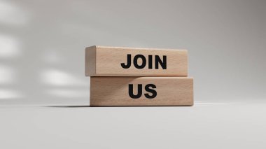 Tahta masadaki tahta bloklarda bize katılın. Alan 3D görüntülemesini beyaz arkaplana kopyala.