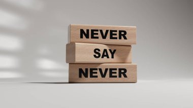 Asla asla sembol deme. Kavramsal kelimeler asla ahşap bloklarda söylenmez. İş kavramı. Tahta bloklar. Alan 3D görüntülemesini beyaz arkaplana kopyala.