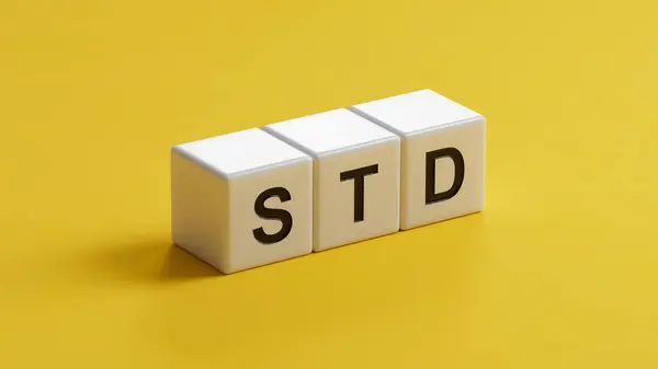 Cinsel yolla bulaşan cinsel yolla bulaşan enfeksiyon metni ahşap küplerde. Tıbbi kavram. Ahşap küplere yakın çekim, sarı arka planda 3D iş konsepti..