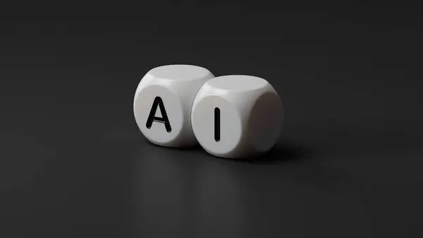 Yapay Zeka Sanatı iş sözcüğüyle tahta zar. Tahta zarlara yakın çekim. Siyah arkaplanda 3D İş Konsepti..