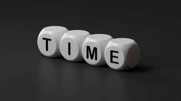 Zaman. Tahta zar heceleme. Tahta zar düğmelerinin üzerinden düz görüş. Bilgi teknolojisi kavramı siyah arka planda 3D..