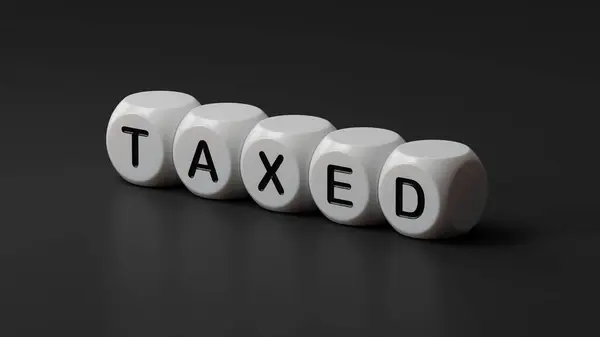 Vergilendirilmiş iş sözcüğü olan tahta zar. Tahta zarlara yakın çekim, siyah arkaplanda 3D İş Konsepti..