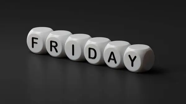 Cuma kelime konsepti. Tahta zarlar, not defteri, kalem ve iş kartları. Tahta zarları kapatın, siyah arkaplanda 3D iş konsepti oluşturun..