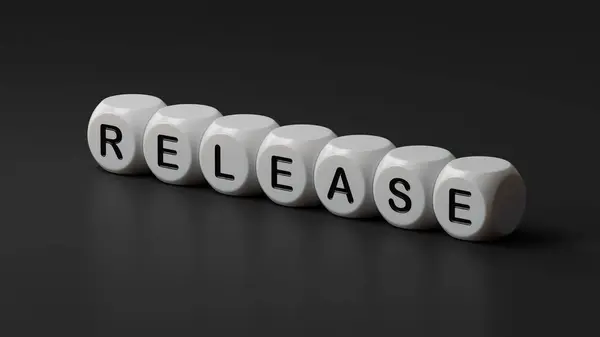 Tahta zarlarda yazılı olan serbest bırakma kelimesi. İş ve finans kavramı. Ahşap zarlara yakın plan, siyah arkaplanda 3D İş Konsepti.