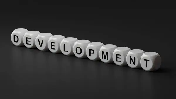 Tahta zarın 3D çizimi. Tahta zarları kapatın, siyah arkaplanda 3D görüntüleme..