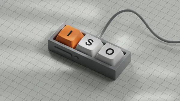 Bilgisayar klavyesindeki ISO kısaltması işaretli. ISO kalite kontrol onaylama konsepti. Bilgisayar klavyesinin beyaz arkaplandaki 3D tuşlarını kapat.