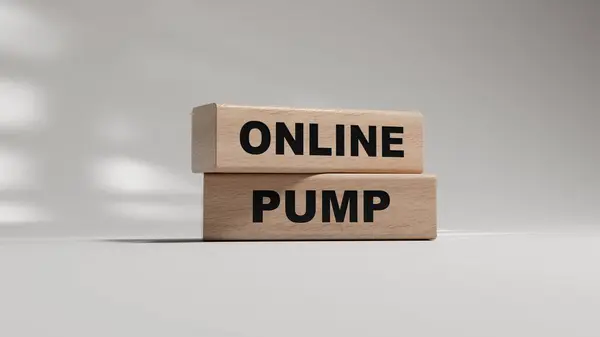 Online Pompa kelimeleri kahverengi günlükte. Tahta bloklar. Alan 3D görüntülemesini beyaz arkaplana kopyala.