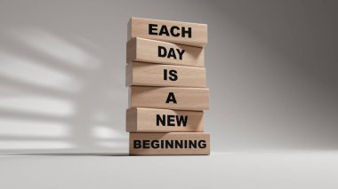 Mesaj her gün yeni bir başlangıçtır. Tahta bloklar. Alan 3D görüntülemesini beyaz arkaplana kopyala.