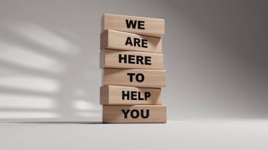 Sembolüne yardım etmek için buradayız. Sözcükleri kavramsal olarak size tahta bloklarda yardım etmek için buradayız. İş ve beyaz arka planda 3D tasvir etmenize yardımcı olmak için buradayız..