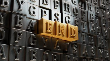 Bitiş. Taşınabilir yazım yazılımı. Taşınabilir baskı düğmeleri üzerinde düz görünüm. BT teknolojisi kavramı altın arkaplan üzerinde 3D yorumlama.