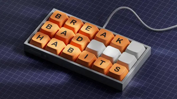 Kötü alışkanlıkların sembolünden kurtul. Kavramsal sözcükler Bilgisayar klavyesindeki kötü alışkanlıklardan kurtul. İlaç ve kötü alışkanlıklardan kurtul. Mavi arkaplandaki 3D uzayı kopyala.