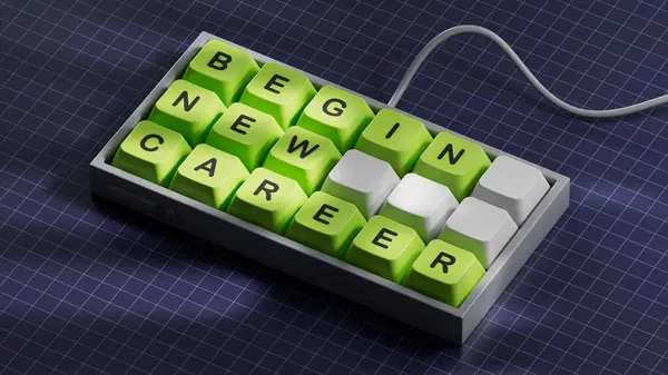 Yeni kariyer sembolüne başla. Kelime kavramı Bilgisayar klavyesinde yeni bir kariyere başla. İş ve kariyer kavramına başla. Boşluk 3D görüntülemesini mavi arkaplana kopyala.