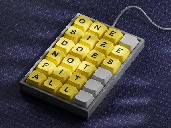 Bir beden tüm sembollere uymuyor. Sözcük kavramları Bilgisayar klavyesine tek bir boyut sığmaz. Bir boyut tüm iş kavramlarına uymaz. Boşluk 3D görüntülemesini mavi arkaplana kopyala.