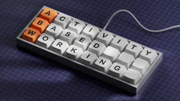 Tahtada, tahtadan sözcük küpleri ABW harflerinde sıralanır. Faaliyetin kısaltması. Mavi arka planda 3D çalışma tabanlı..