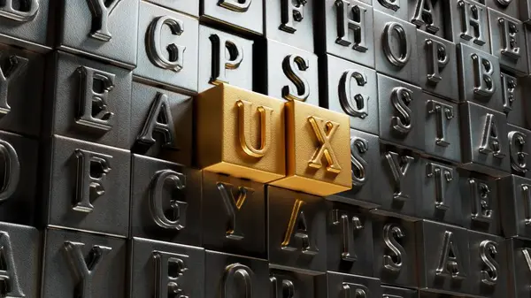 Taşınabilir yazı tipi ile ux sözcüğü. Taşınabilir yazı tipini kapat, Altın arkaplanda 3D İş Konsepti oluşturma.