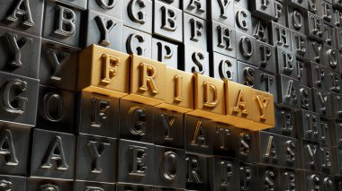 Cuma kelime konsepti. Taşınabilir yazdırma, not defteri, kalem ve iş kartları. Taşınabilir yazı tipini kapat, altın arkaplanda 3D İş Konsepti yorumlaması.