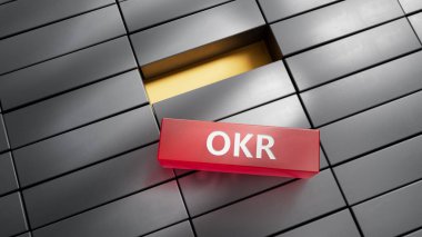 İş ve tasarım kavramı - sürreal metal blokları OKR. Liderliğin, iletişimin ve başarının sembolü. Kırmızı arkaplanda 3D iş konsepti.