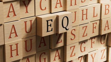 Kalın bir yazı tipi kullanarak EQ 'nun İngilizce 3D çizimi. Duygusal zekayı ve berraklığı iletir. Ahşap arka planda 3D tahta bloklama.