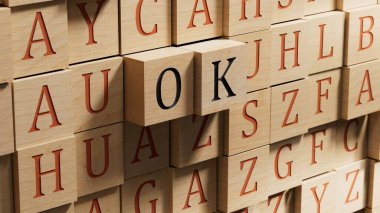 Kalın bir yazı tipi kullanarak, İngilizce 'de OK' un 3 boyutlu çizimi. Anlaşmayı ve kendine güveni iletir. Ahşap arka planda 3D ahşap bloklama.