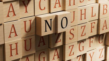 Metinli tahta bloklar. Hayır. Olumsuz cevap kavramı. Tehlike yok, şiddet yok, ayrımcılık yok. Tahta arka planda 3D tasviri yok..