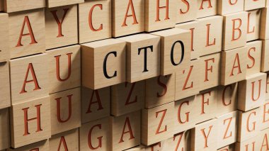 Tahta bloklu kelime cto. Ahşap bloklara yakın çekim, ahşap arka planda 3D iş konsepti..