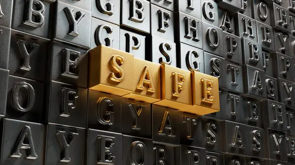 SAFE iş sözcüğüyle taşınabilir yazı tipi. Taşınabilir yazı tipini kapat, altın arkaplanda 3D İş Konsepti oluşturma.