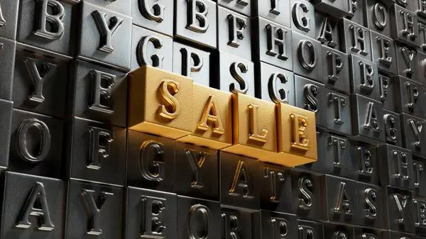 Satış.Taşınabilir yazım yazılımı. Taşınabilir yazıcı düğmeleri üzerinde düz görünüm. BT teknolojisi kavramı altın arkaplan üzerinde 3D yorumlama.