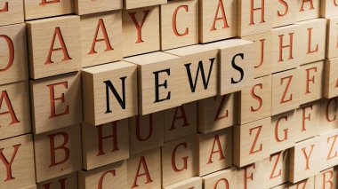 Kelime konsepti, haber. Minimalist Soyut Tasarım ve ahşap bloklar, İş Konsepti. Tahta arkaplanda 3B görüntüleme.