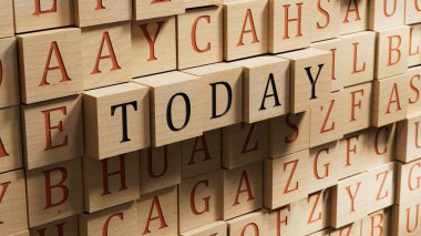 Bugün kelime ahşap arka plandan yapıldı. Bugünün işareti, güncel konsept. Takvim konsepti. Bugün ahşap bloklarla yazılmış bir kelime. Ahşap arka planda 3D iş kavramı..