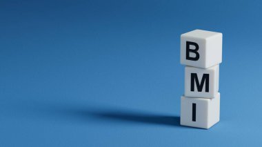 Küpler, mavi arkaplanda BMI (Kütle İndeksi) 3D oluşturur.