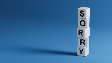 Kelime kavramı. Pişmanlık, Pişmanlık, Pişmanlık, Hata, Hata, Suçluluk ve Bağışlanma İsteme Mesajı. Kesik kağıtla yazılmış sözlerle kavram. Mavi arkaplanda 3B görüntüleme.