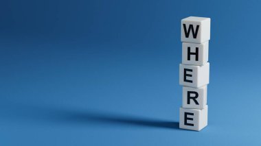 Nerede? Tahta elementlerle hecelenen kelime. Mavi arkaplanda 3D eğitim kavramı.