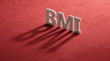 Küpler, kırmızı arkaplanda BMI (Kütle İndeksi) 3D oluşturur.